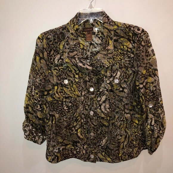 Multiples Womens Large Brown Black Long Roll Tab Sleeve Button Up Sheer Jacket - Picture 3 of 11